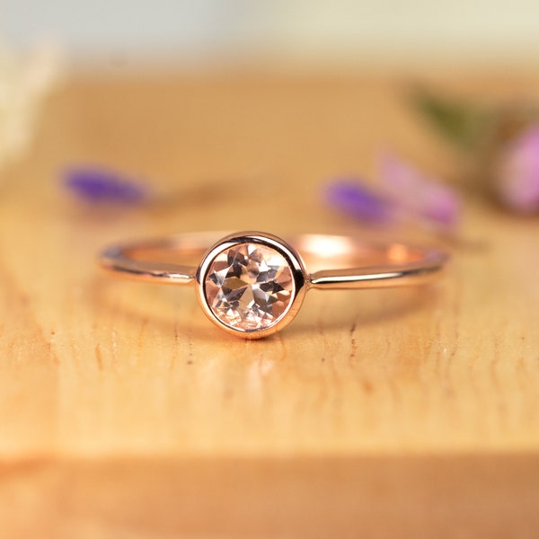 Round Cut Solitaire Minimalist Bezel Set Pink Morganite Promise Ring in Rose Gold Plated over Silver,Plain Band,Timeless Design