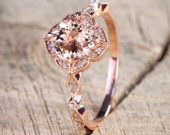 Authentic 1.50ct Round Cut Morganite, Real Diamond Engagement Ring for Women 14k Rose Gold, Gift For Mother, Girlfriend, Promise Ring,Sister