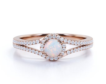Unique Opal & Diamond Engagement Ring, 1.5 Carat Split Shank Ring, Vintage Round Opal Ring, Silver Ring Gift, Australian Opal Ring Rose Gold