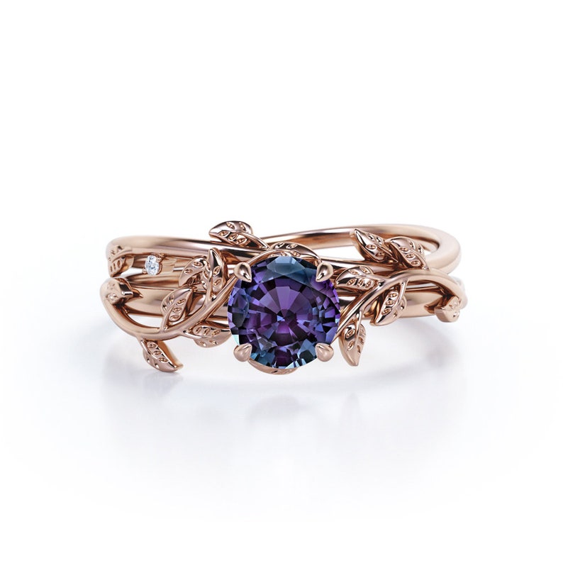 Unique Vintage Alexandrite Engagement Ring Set In Rose Gold, Vine Leaf Inspired Bridal Set, Unique Silver Promise Ring Set, Anniversary Ring 