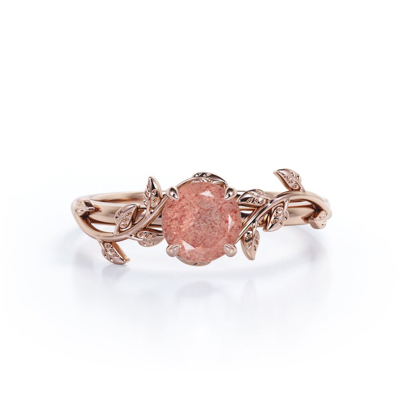 LIMITED Time Round Cut Strawberry Quartz Engagement Ring, Rose Gold Pink Quartz Ring, Nature Inspired Ring, Vine Leaf Ring, Valentine Gift 