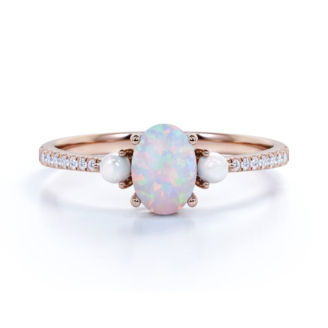 Trilogy Oval Opal & Pearl Engagement Ring, 1.2 Carat Diamond Pave Ring ...