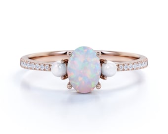 Trilogy Oval Opal & Pearl Engagement Ring, 1.2 Carat Diamond Pave Ring, Tapered Shank Ring, 14k Rose Gold Ethiopian Opal Ring, Silver Opal