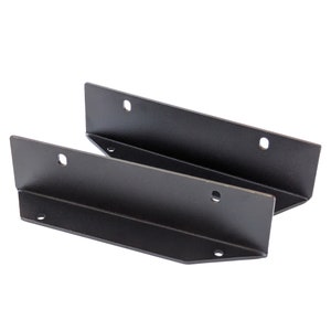 May include: Two black metal brackets with multiple holes for mounting. The brackets are angled and have a flat surface.