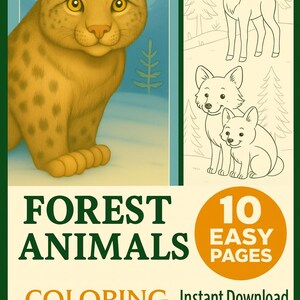 Forest Animal Coloring Pages for Kids, 10 Easy Woodland Animal Printables, Big Bold Outlines, Instant PDF Download