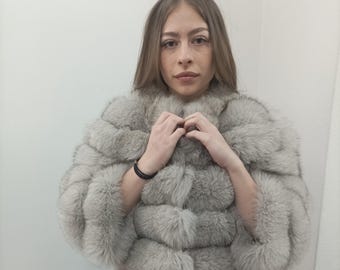 Fur fox jacket , full skin pelt with  natural fur fox and leather, womans winter coat