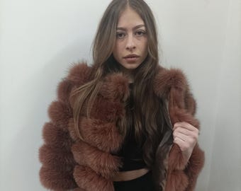 Fur fox jacket , full skin pelt with  natural fur fox and leather, womans winter coat