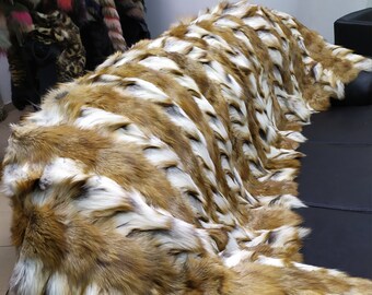 Real Fox fur blanket throw gold and white color Home warmer
