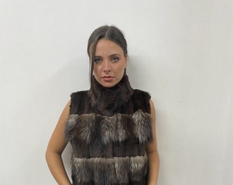 Gilet en vraie fourrure, renard avec lapin rex, couleur brun argent, vêtement chaud cadeau femme