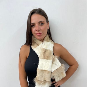 Fur rex rabbit and fin raccoon long scarf ecru & beige colour, fur scarves,fur scarf womens,