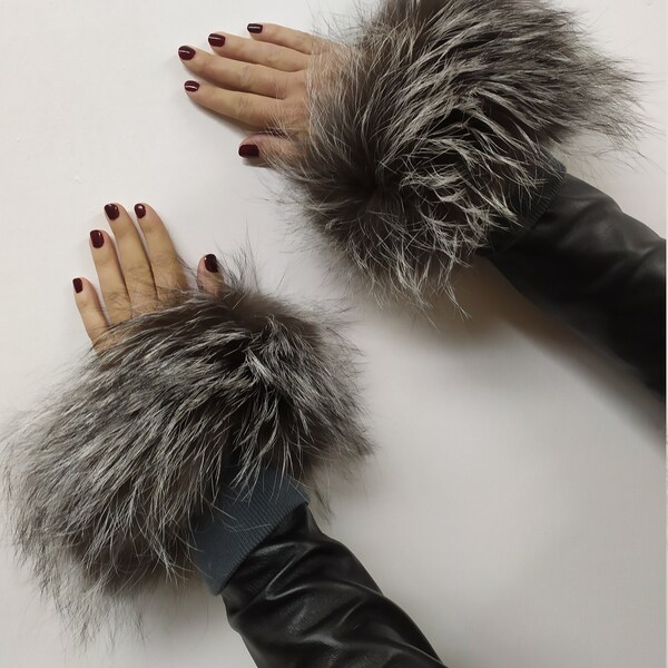 Real Fur Silver Fox cuffs with elastic on top/ Winter accessories