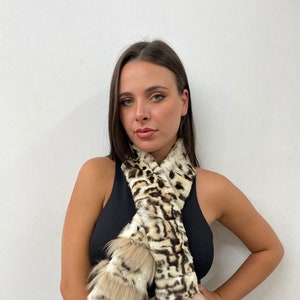 Fur rabbit and fin raccoon long scarf leopar colour, winter warm accessories.