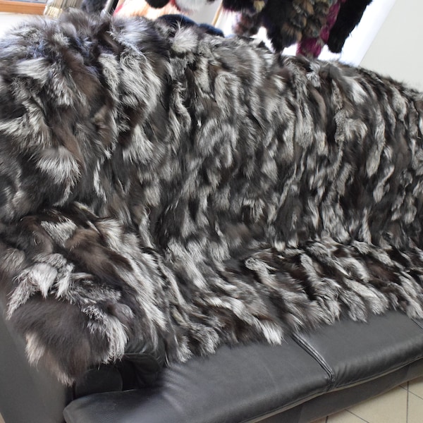 Real Fox fur blanket throw silver black color, Home warmer