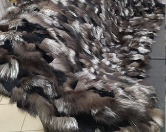Real Fox and rex rabbit fur blanket throw Silver  and black color, Home warmer