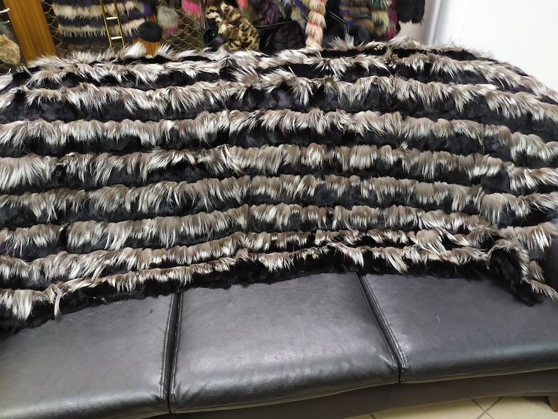 Real Fox rabbit fur blanket throw silver and black color Etsy
