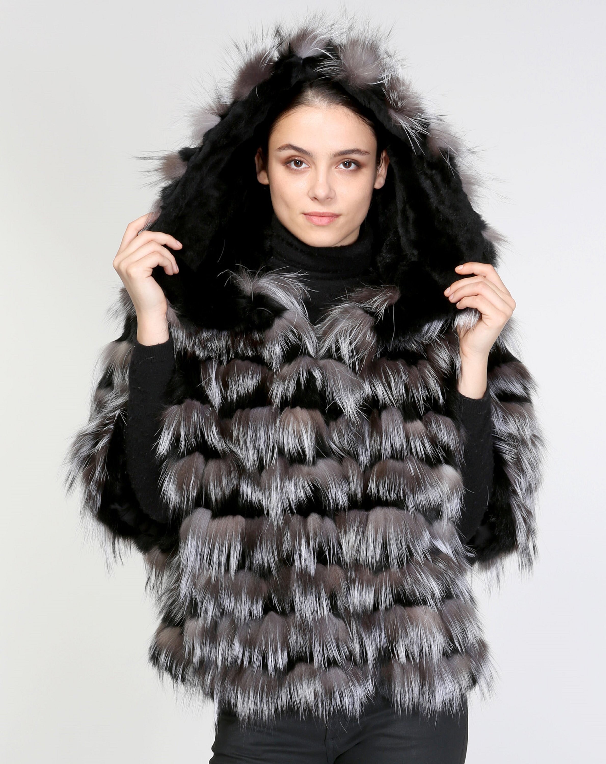 Real Fur Silver Fox With Rex Rabbit Cape Poncho With Hood, Warm