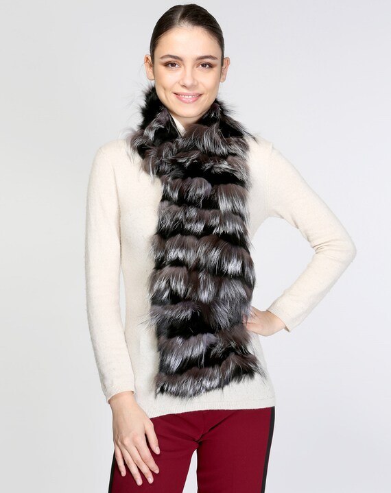 Echt Pelz Schal Kragen Silberfuchs mit schwarzen Rabbiit