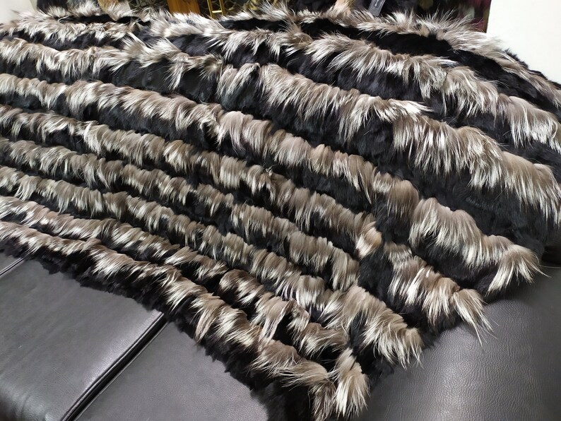 Real Fox Rabbit Fur Blanket Throw Silver and Black Color Etsy