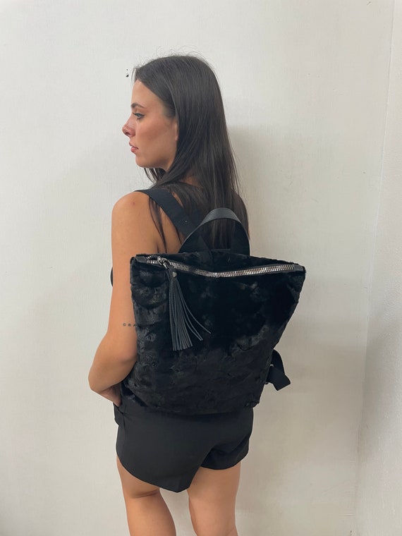 Black Mink Fur & Leather Backpack, Metallic Zip Closure - Etsy Canada