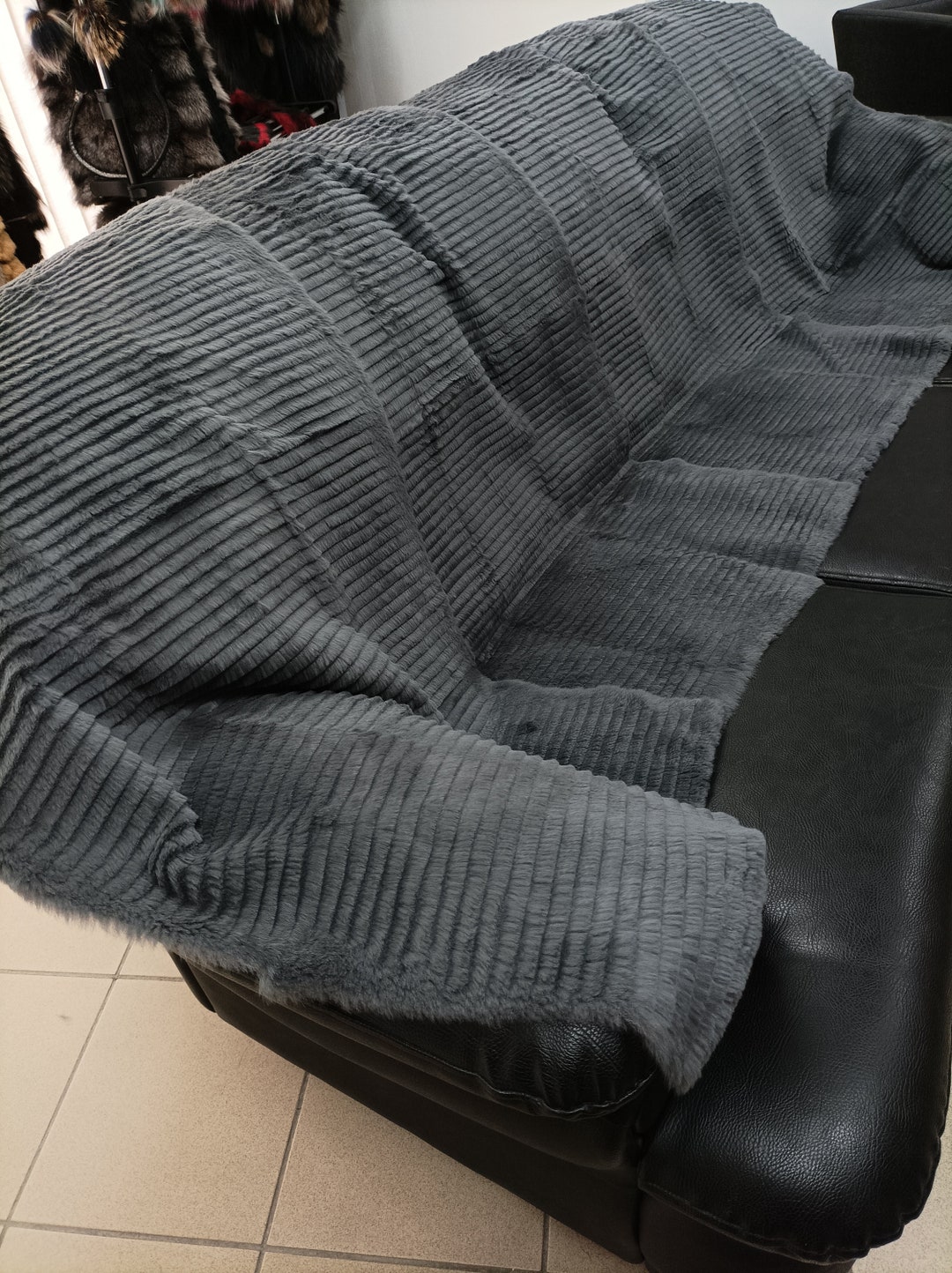 Real Rabbit Fur Shorn With Patterns Blanket Throw Gray Color, Home ...