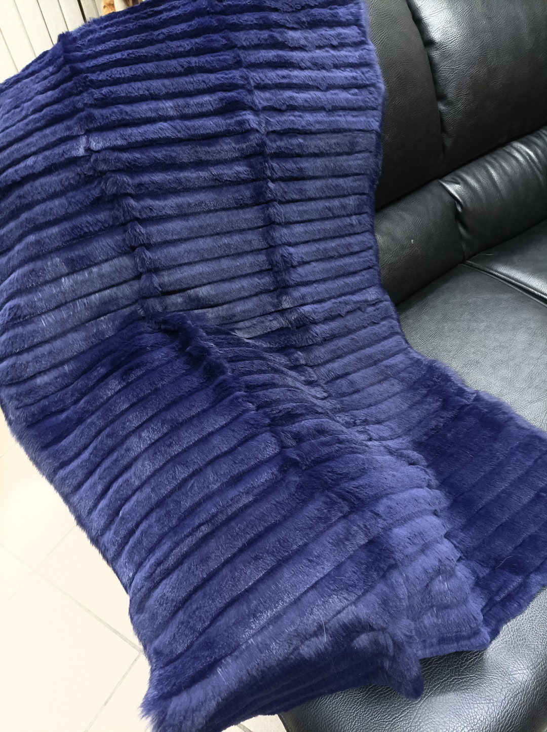 Real Rabbit Fur Shorn With Patterns Blanket Throw, Blue Color, Home ...