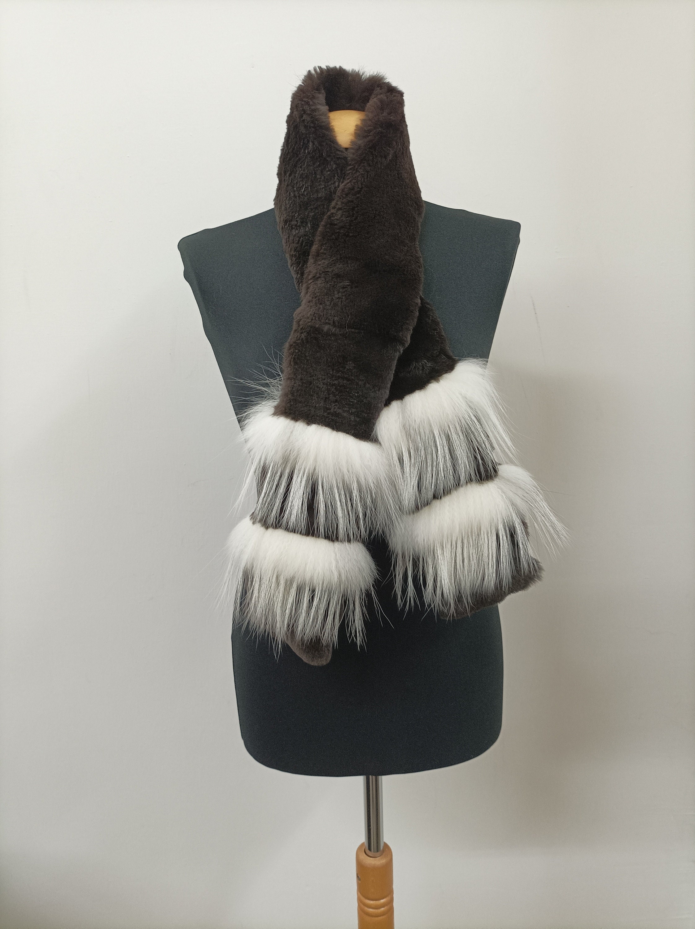 Fur Scarves,fur Rabbit and Fox Scarf, Brown and White Color