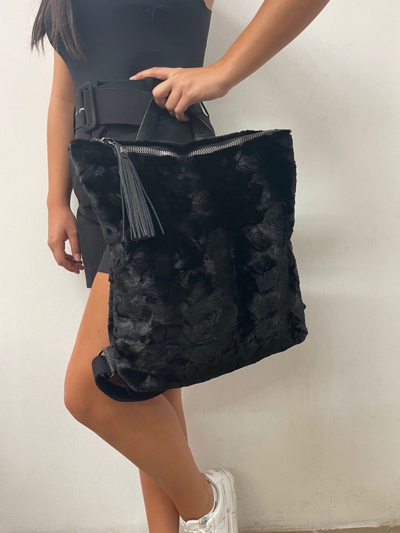 Black Mink Fur & Leather Backpack, Metallic Zip Closure - Etsy Canada