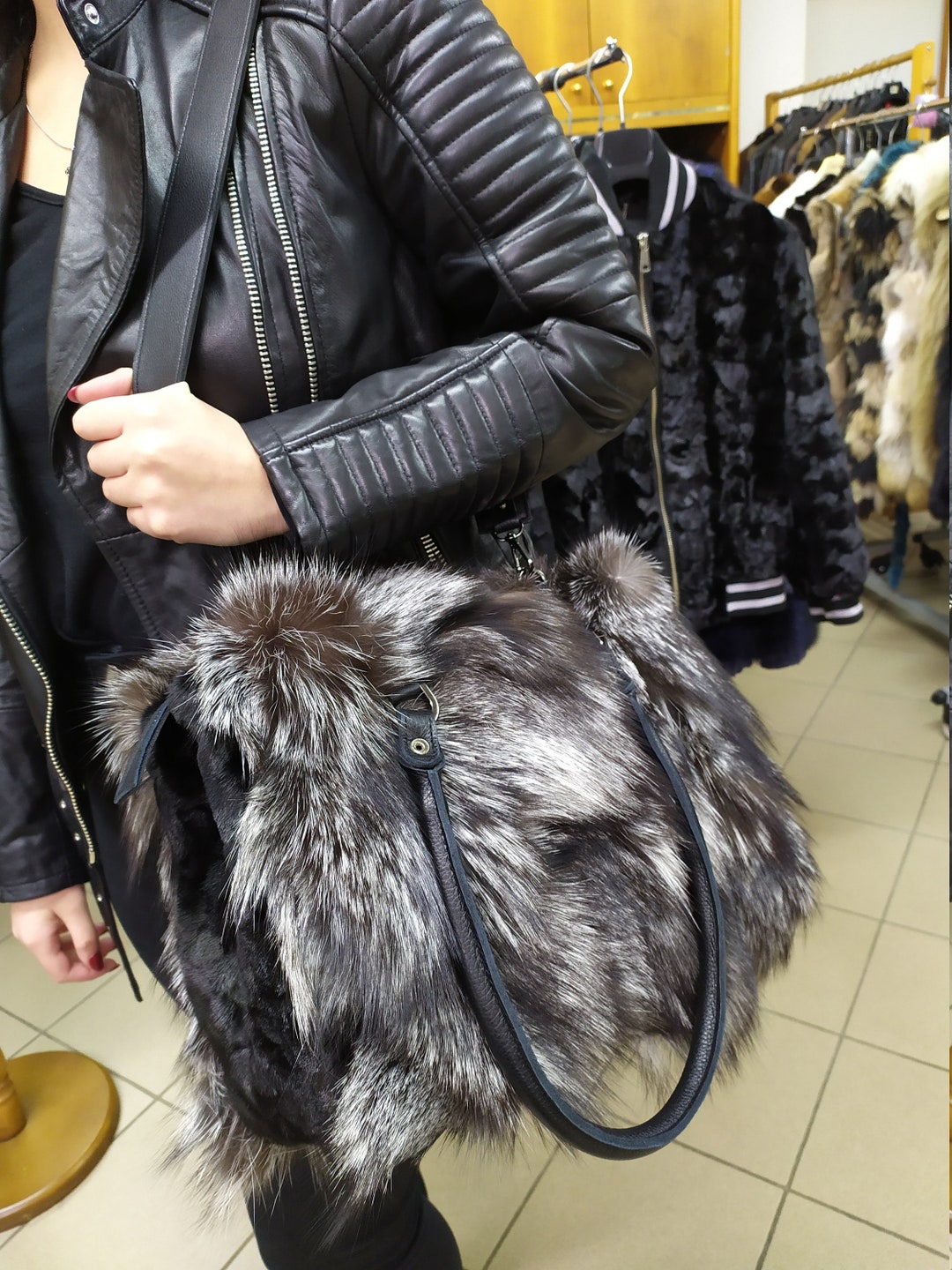 Real Fur Fox Mink Bag Silver and Black Colour Fox Fur With Sheared