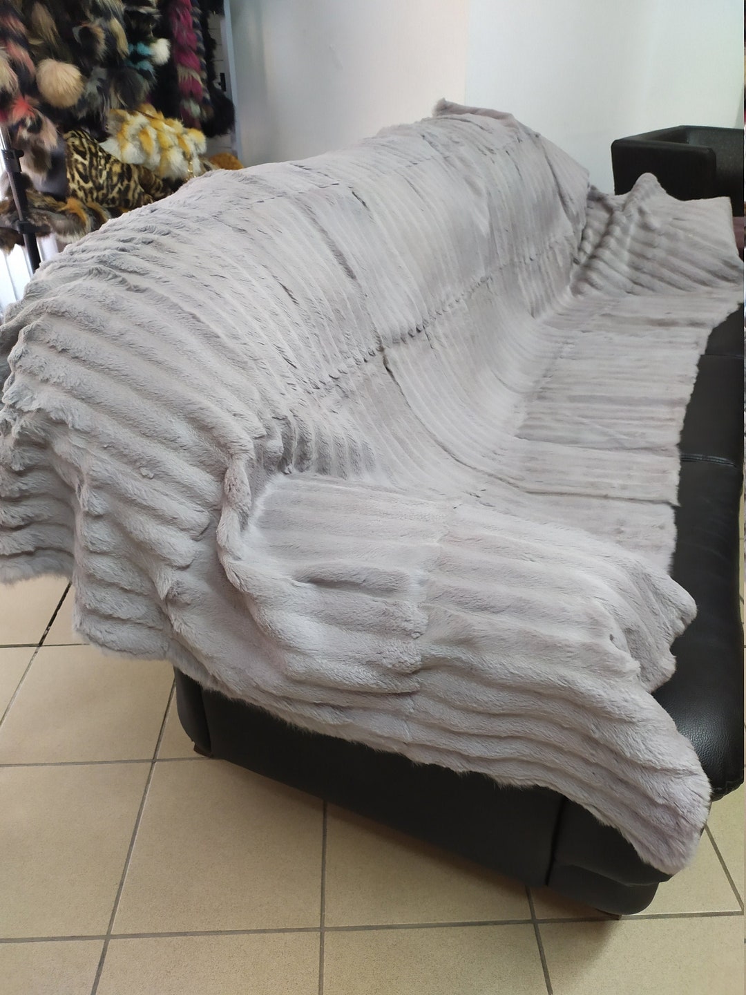 Real Rabbit Fur Shorn With Patterns Blanket Throw Light Gray, Home ...