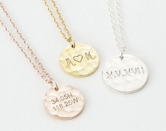 Personalized Coordinate Necklace | Roman Numeral Necklace | 14k Gold Filled Disc Necklace | Custom Name Necklace | Dainty Engraved Necklace