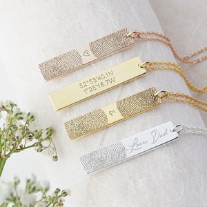 Bar Custom Fingerprint Necklace | Thumbprint necklace | Signature necklace | Handwriting Necklace | Memorial Necklace | Mother&#39;s Day Gift