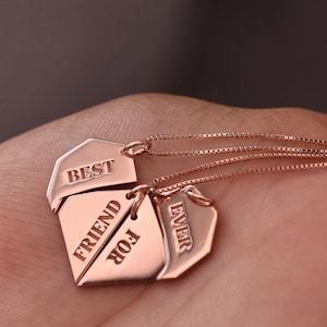 Personalized BFF Necklace by Lynn Minimalist | Origami Friendship Jewelry Set for 2, 3, 4 | Custom Name Engraved Heart Pendant For Her