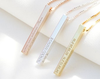 Coordinate Bar Necklace | Actual Handwriting Necklace | Personalized 3D Bar Necklace | Roman Numeral Necklace | 3 Best Friends Necklace