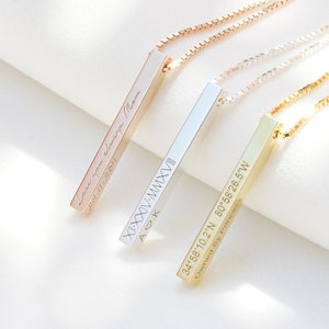 Coordinate Bar Necklace | Actual Handwriting Necklace | Personalized 3D Bar Necklace | Roman Numeral Necklace | 3 Best Friends Necklace