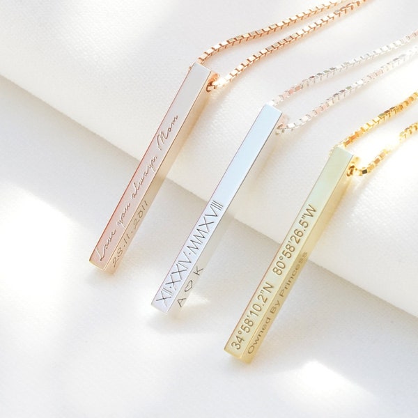 Coordinate Bar Necklace | Actual Handwriting Necklace | Personalized 3D Bar Necklace | Roman Numeral Necklace | 3 Best Friends Necklace