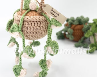 Handmade Crochet Satin Pothos Plant With A Custom Leather Tag | Crochet Birth Flower | Crochet Hanging Plant |Car Hanging Plant Gift for Mom