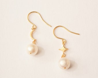 Ready To Ship | Freshwater Pearl Earrings | Moon Star and Pearl Stud Earrings | Personalized Pearl Earrings | Minimalist Earrings For Her