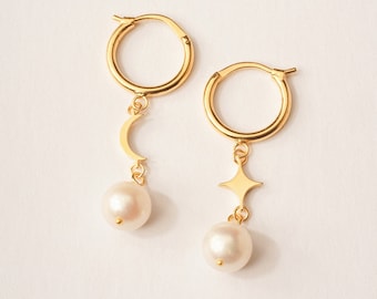 Ready To Ship | Moon Star and Pearl Stud Earrings | Freshwater Pearl Earrings | Personalized Pearl Earrings | Minimalist Earrings For Her