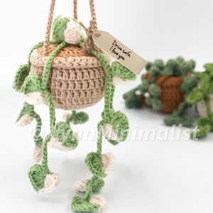 Handmade Crochet Satin Pothos Plant With A Custom Leather Tag | Crochet Birth Flower | Crochet Hanging Plant |Car Hanging Plant Gift for Mom