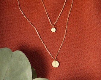 May include: Two gold necklaces with delicate chains and small round pendants. The top pendant features the letter "M" and the bottom pendant has a small floral design.