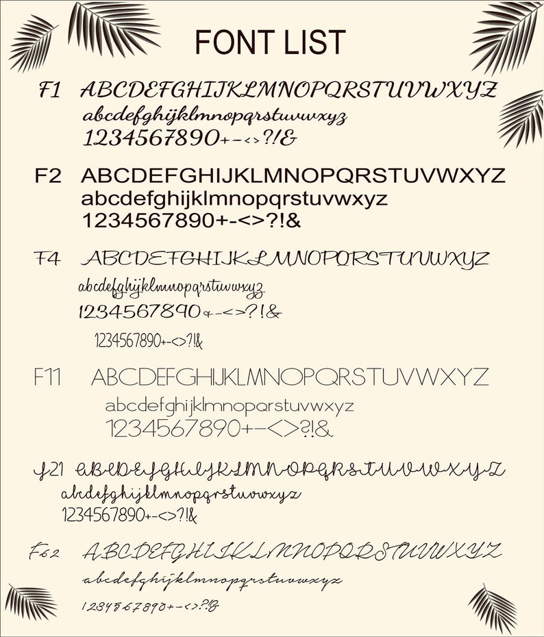 May include: A font list display featuring six distinct black typeface styles labeled F1, F2, F4, F11, F21, and F62. Each entry includes uppercase and lowercase letters, numbers, and symbols on a cream background with palm leaf corner accents.