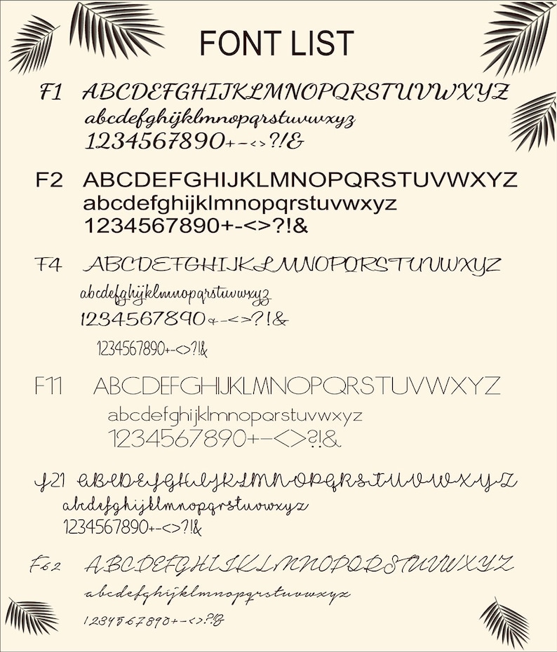 May include: A list of different fonts, labeled F1, F2, F4, F11, F21, and F62. Each font is shown with uppercase and lowercase letters, numbers, and symbols.
