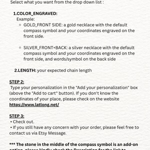 May include: An instructional guide titled HOW TO ORDER with three steps for purchasing a custom engraved necklace. It details selecting color, chain length, and entering personalization coordinates, including a link to latlong.net and contact info.
