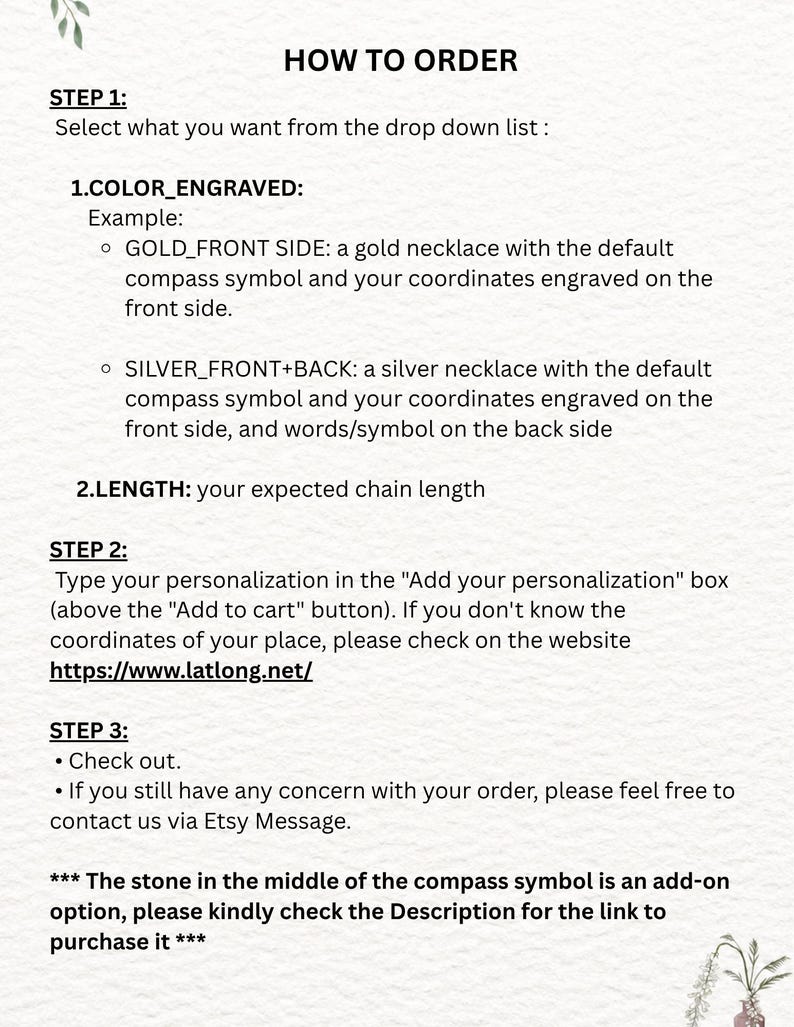 May include: An instructional guide titled HOW TO ORDER with three steps for purchasing a custom engraved necklace. It details selecting color, chain length, and entering personalization coordinates, including a link to latlong.net and contact info.
