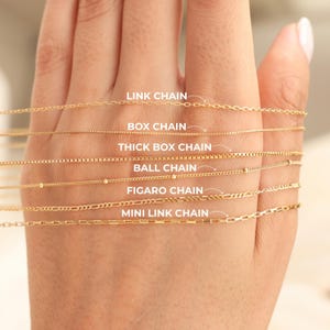 A hand wearing multiple gold chain necklaces, each labeled with its name.