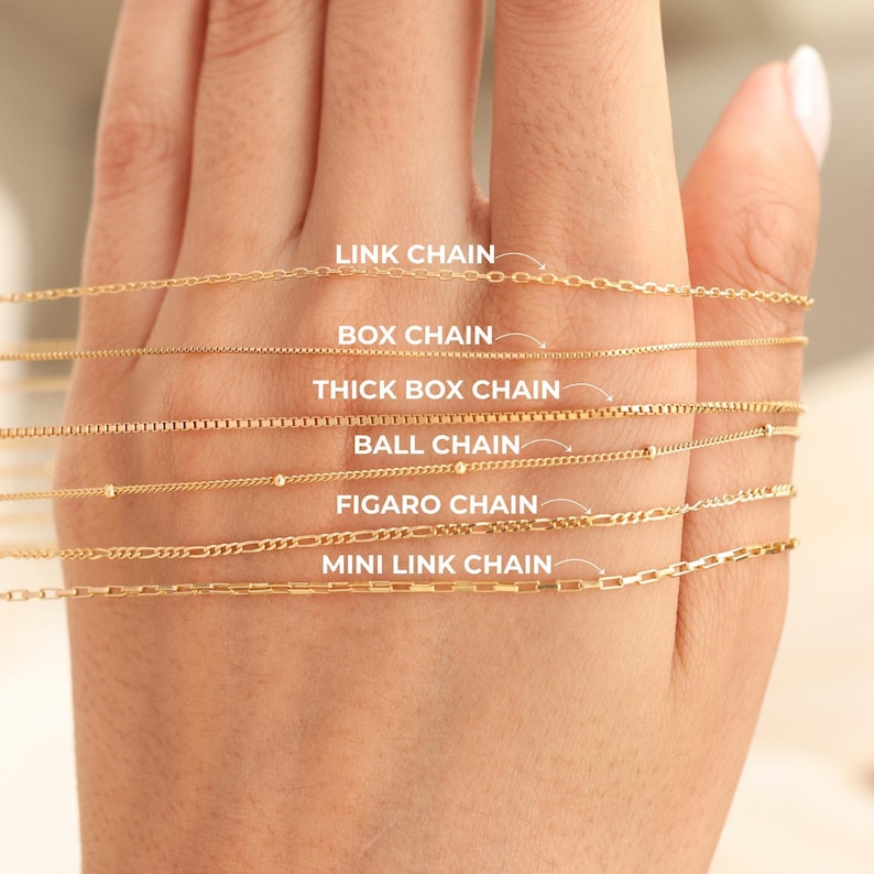 A hand wearing multiple gold chain necklaces, each labeled with its name.