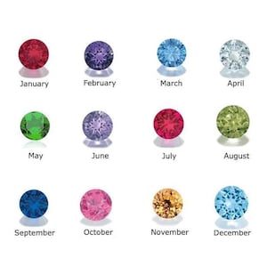 May include: A collection of twelve gemstones, each representing a month of the year. The gemstones are round and faceted, with colors including red, purple, blue, green, and yellow. Each stone is labeled with its corresponding month, such as "January" and "February".
