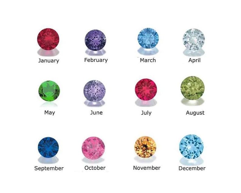 May include: A collection of twelve gemstones, each representing a month of the year. The gemstones are round and faceted, with colors including red, purple, blue, green, and yellow. Each stone is labeled with its corresponding month, such as "January" and "February".