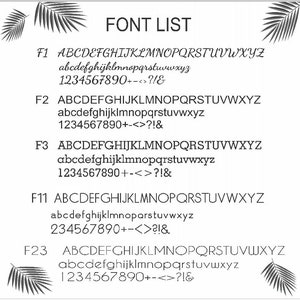 May include: A list of different fonts, labeled F1, F2, F3, F11, and F23. Each font is shown in uppercase and lowercase letters, as well as numbers and symbols.
