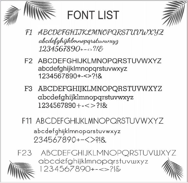 May include: A list of different fonts, labeled F1, F2, F3, F11, and F23. Each font is shown in uppercase and lowercase letters, as well as numbers and symbols.